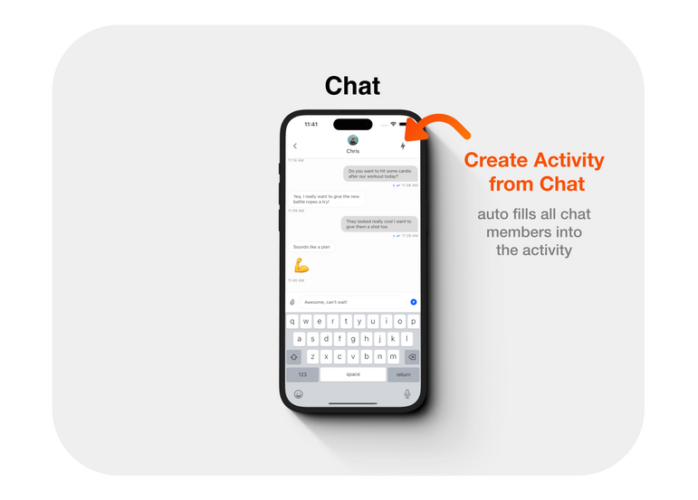 Find Create Activity Button on GymSpott Chat Screen