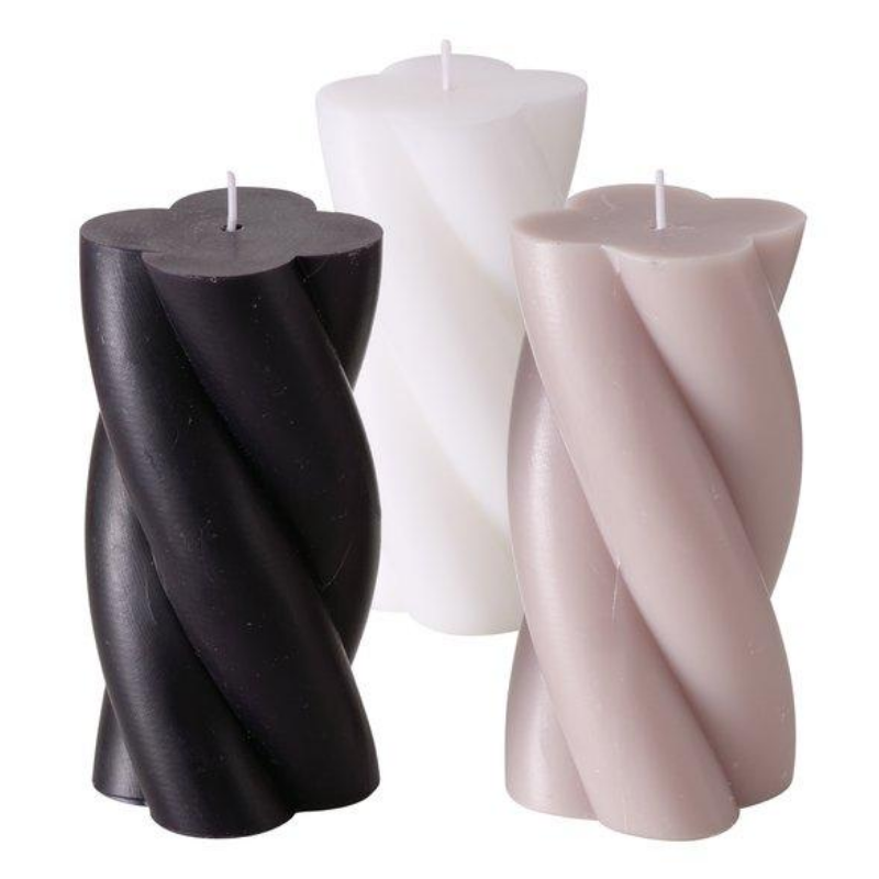 Svece cilindrs Twist 140x70mm balta/melna/pelēka 3ass