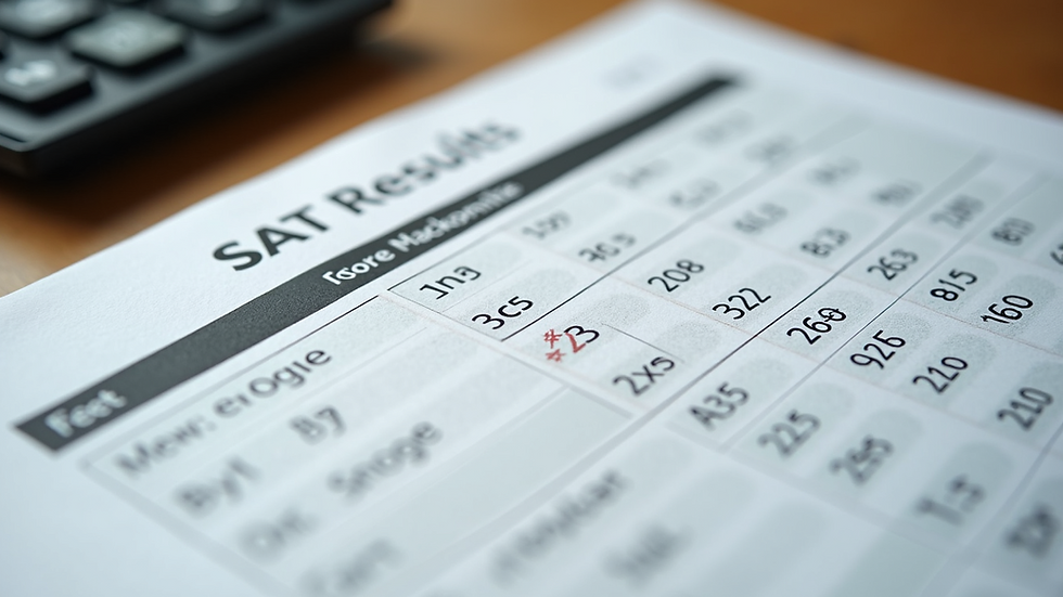High angle view of a score report showing SAT results