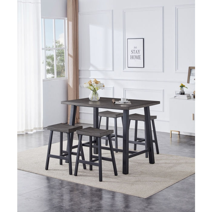 5PC Black Frame Metal Counter Table Set w/ Saddle Stools Gray MDF Top