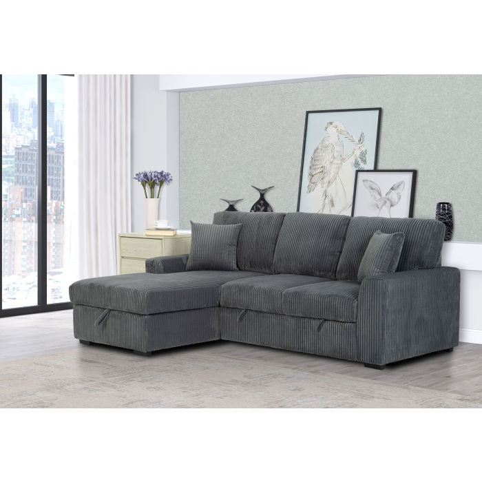Dark Gray Fabric Lhf Pull Out Sectional Sofa & Storage