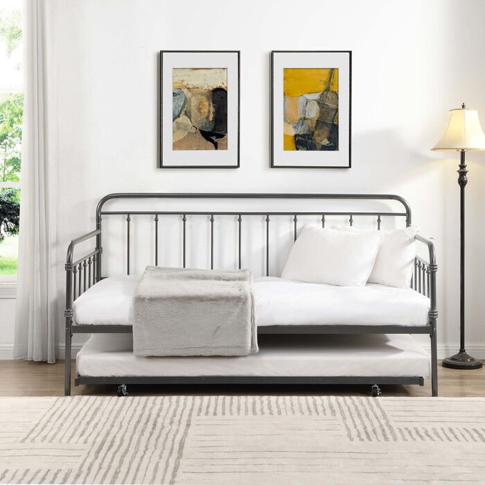 Dark Gray Farmhouse Classic Metal Day Bed w/ Trundle - TWIN-TWIN