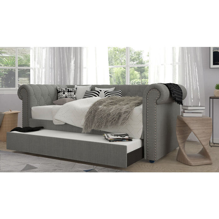 Light Gray Fabric Rolled Arm Daybed w/ Trundle - TWIN-TWIN