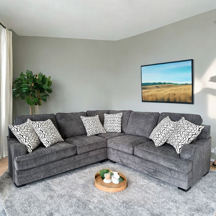 Dark Gray Fabric Stationary Sectional Sofa w/ 6 Pillows
