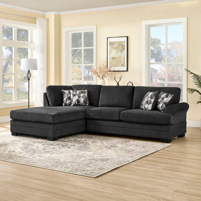 Black Fabric Reversible Stationary Sectional Sofa w/ Accent Pillows