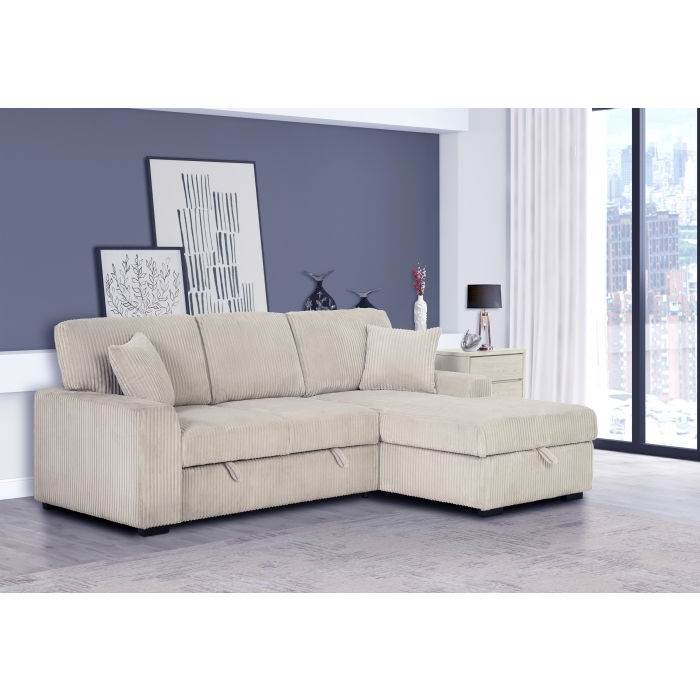 Taupe Fabric Rhf Pull Out Sectional Sofa & Storage