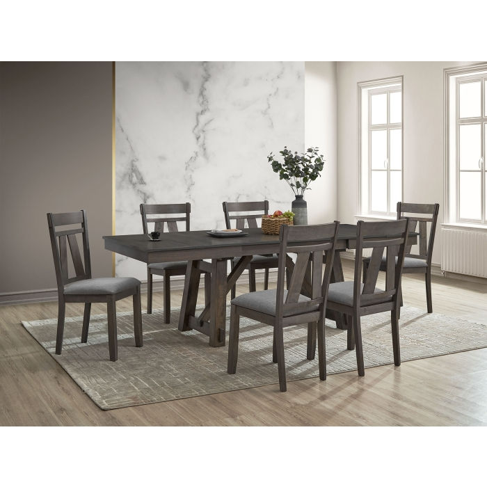 7PC Gray Wooden Dining Table + Double Extension Leaf Set