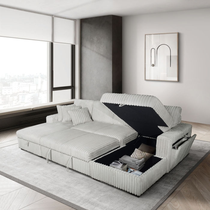 Silver Corduroy U-Shaped Pull Out Sectional Sofa