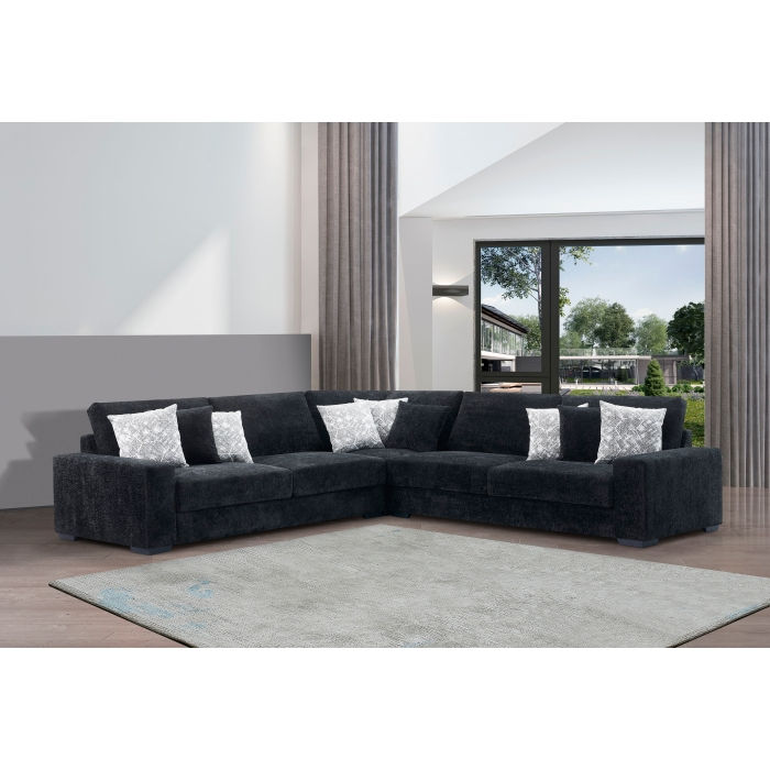 Black Fabric Stationary Sectional Sofa w/ 9 Pillows