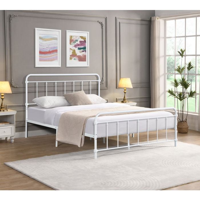 White Farmhouse Classic Metal Platform Bed - QUEEN