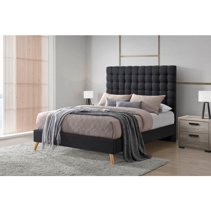 Dark Gray C.King Linen Grid Tufted Platform Bed w/ Angled Tapered Legs