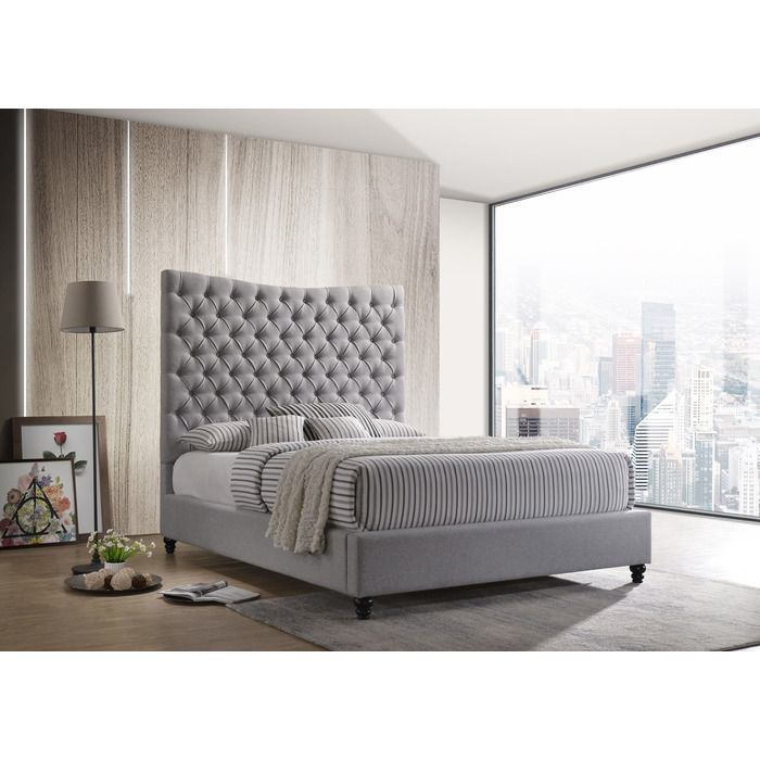 Gray Fabric Tufted Headboard Platform Bed - CALIFORNIA KING