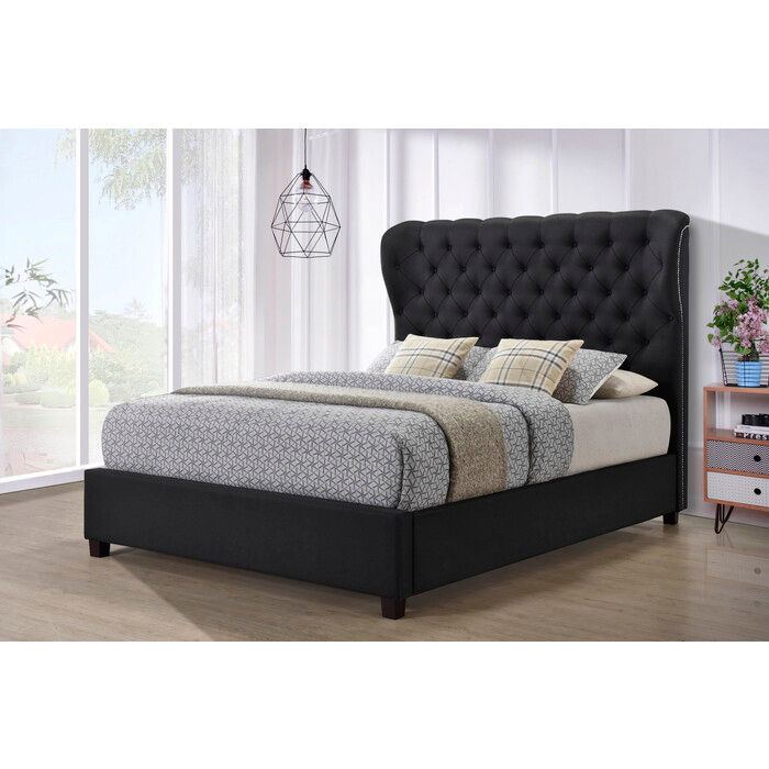 Dark Gray Full Linen Curved Wing Back Tufted Platform Bed