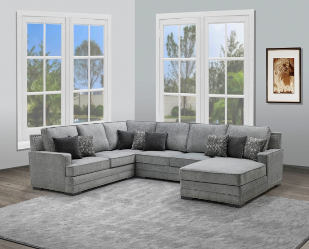 DARK GRAY U-Shaped Stationary Sectional Sofa w/ Chaise + Pillows