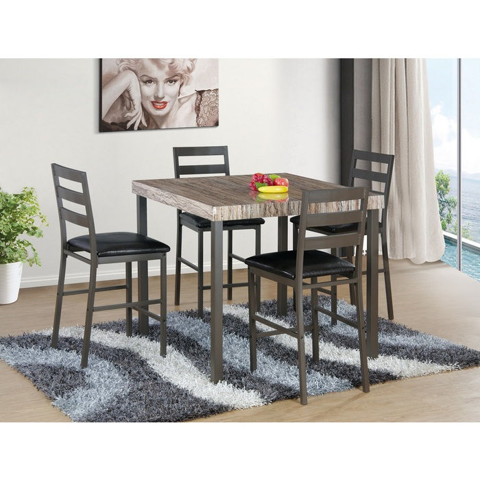 5PC Brown Top Metal Counter Table Set w/ Faux Marble Top