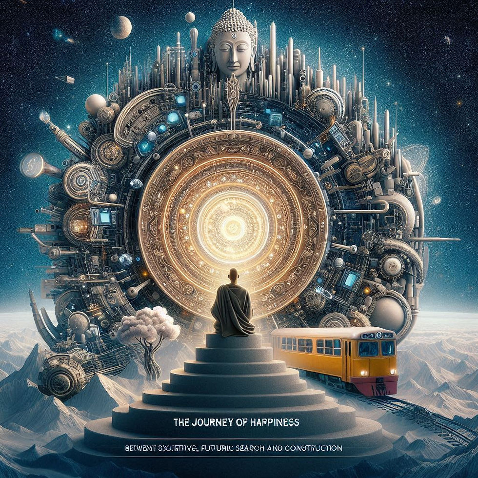 Arte abstrata: jornada mística com Buda, trem e cidade futurista