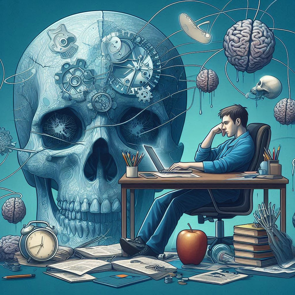 Homem estudando com crânio gigante e engrenagens cerebrais