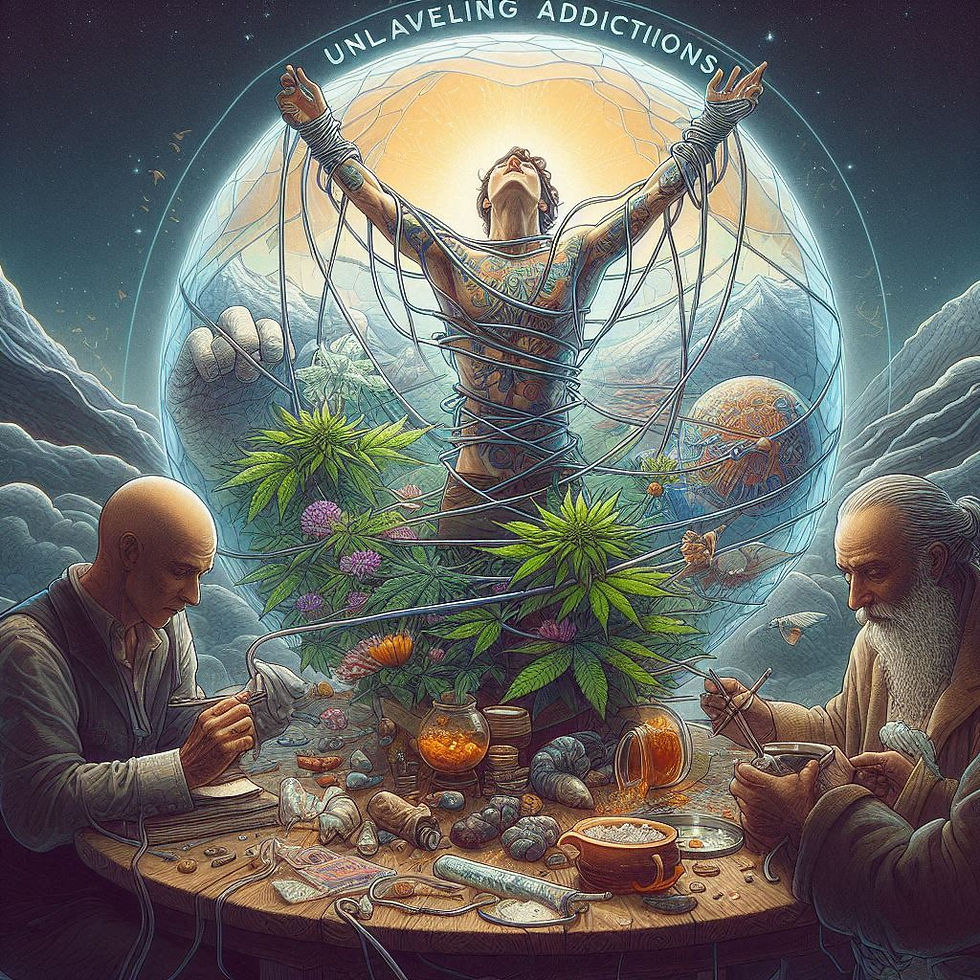 Unraveling Addictions: Figura central liberta-se, dois homens trabalham na mesa