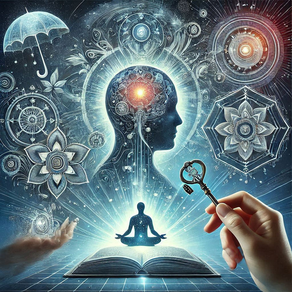 Mente iluminada, livro aberto, chave e mecanismos de defesa