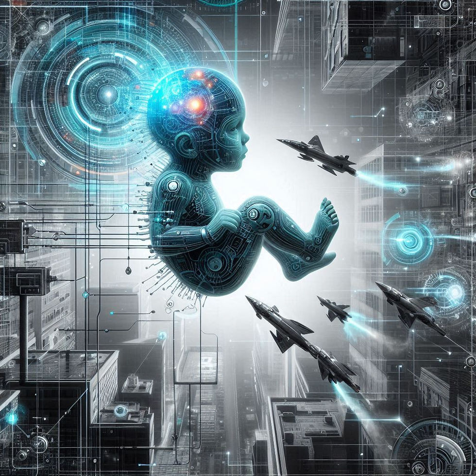 Bebê cyborg em cenário futurista com mísseis
