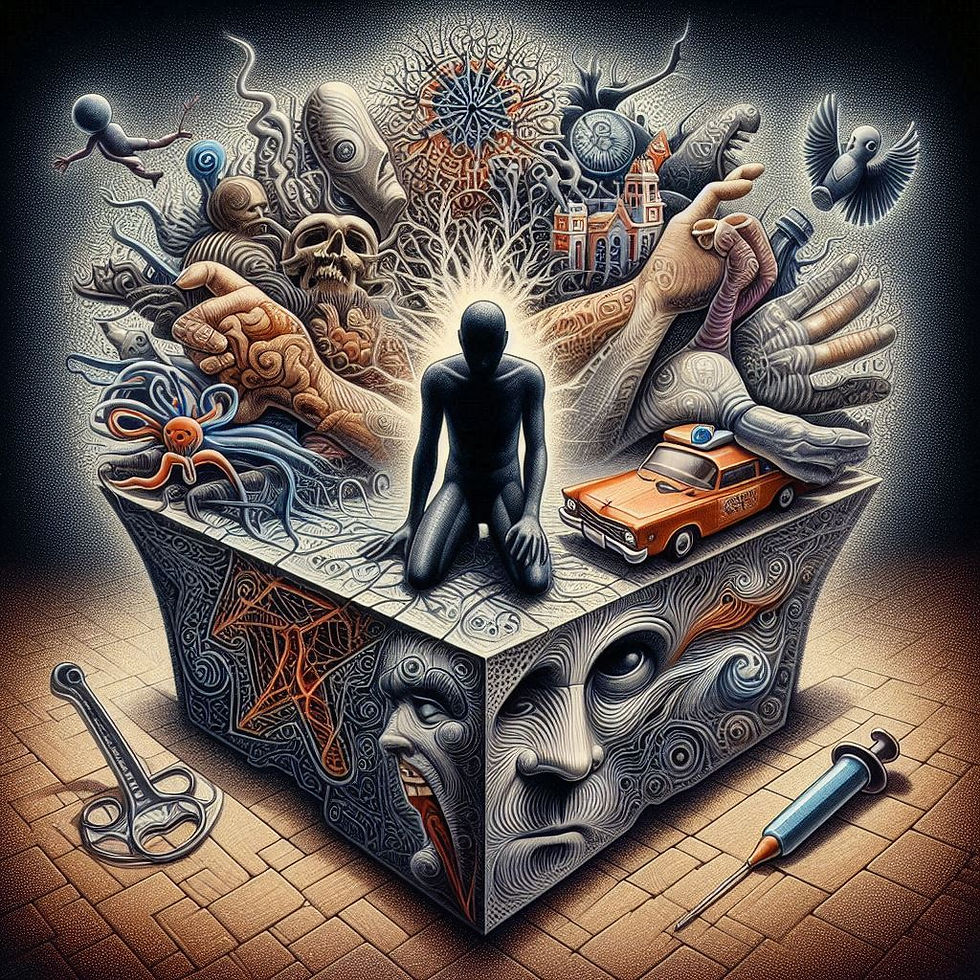 Figura em sofrimento cercada por imagens surrealistas