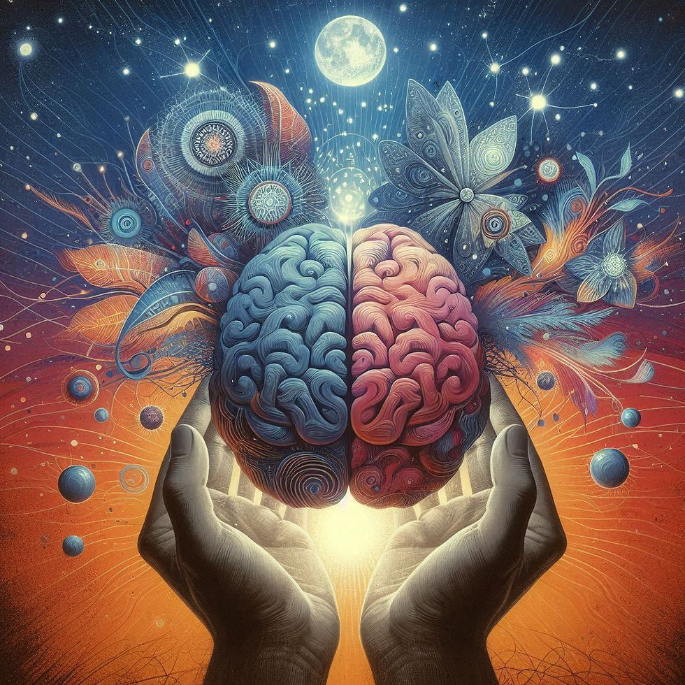 Mãos segurando cérebro; neurociência, potencial humano