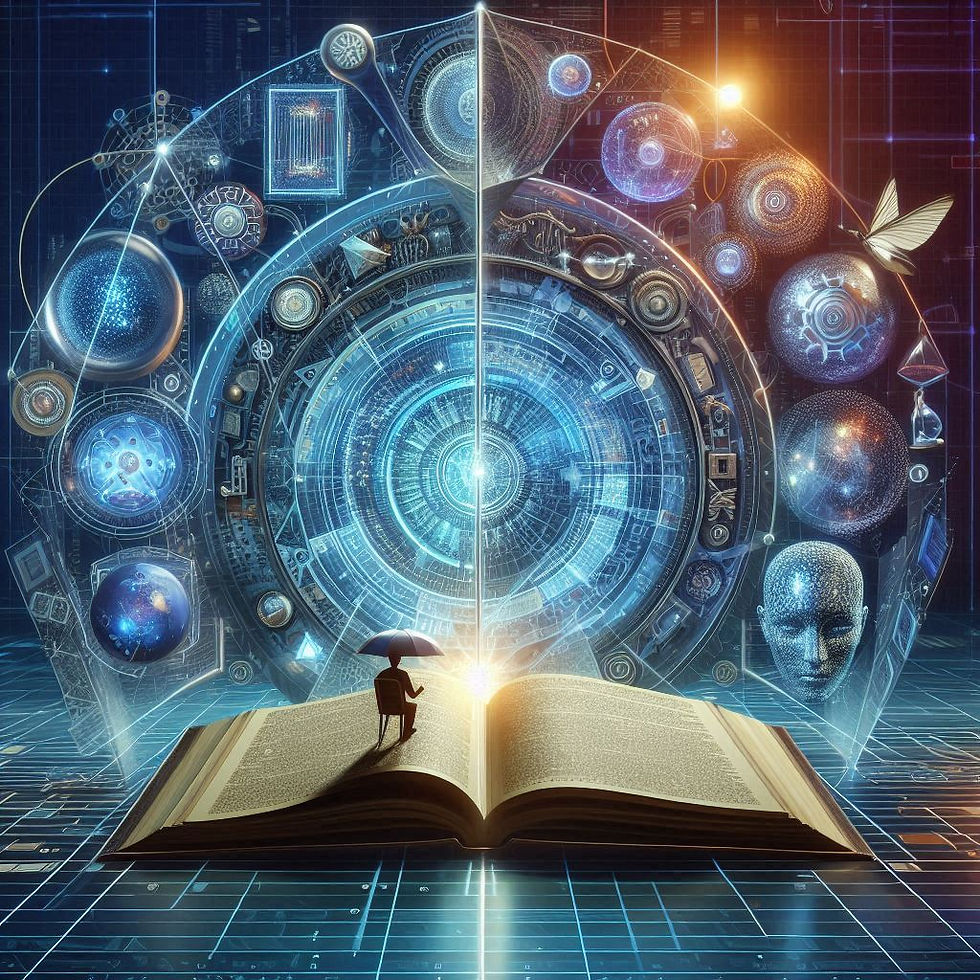 Livro aberto com ícones tecnológicos e científicos