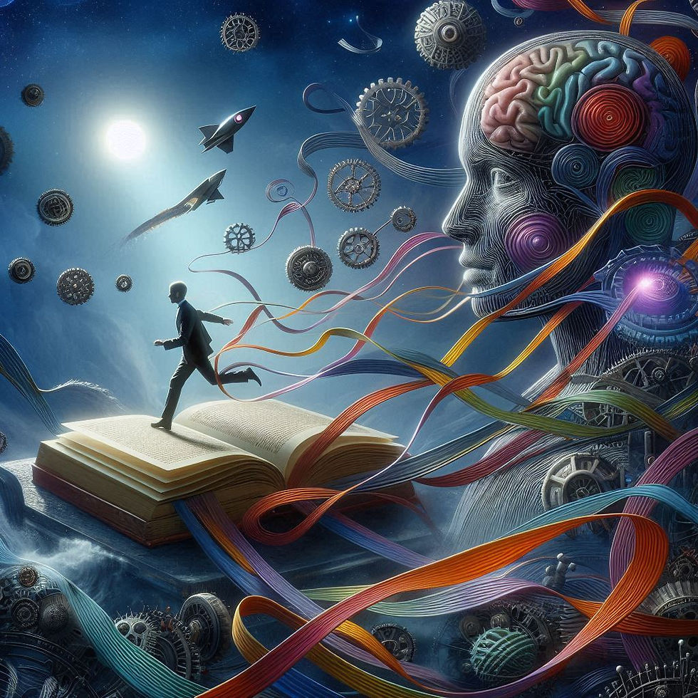 Homem correndo sobre livro, mente aberta, exploração