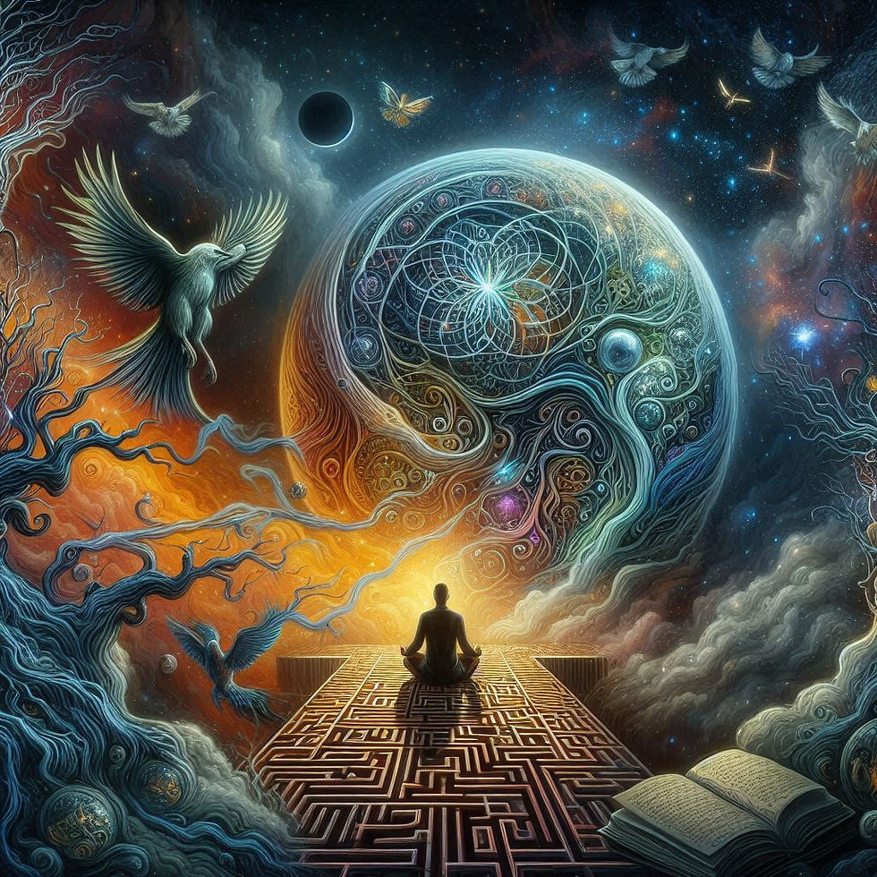 Imagem abstrata: homem meditando, labirinto, universo