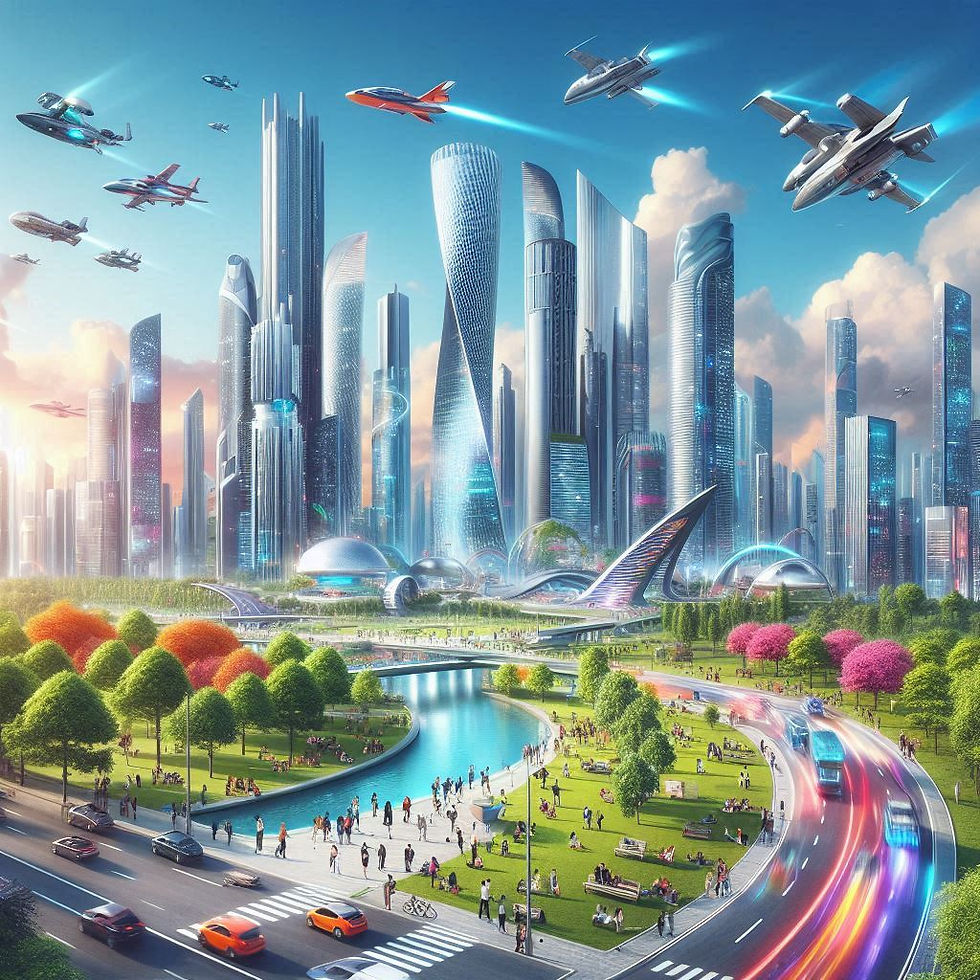 Cidade futurista vibrante com veículos voadores