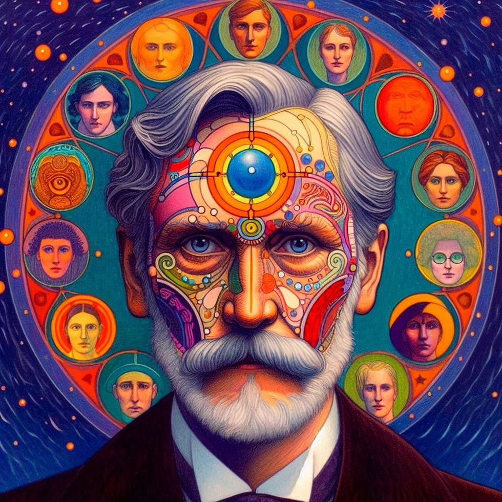 Retrato colorido de Sigmund Freud com mandala