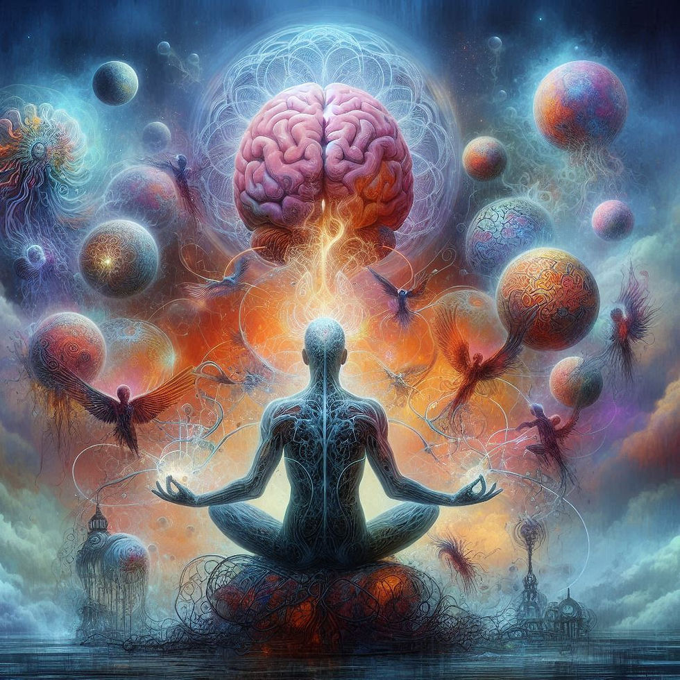 Ilustração: Pessoa meditando, cérebro e universo