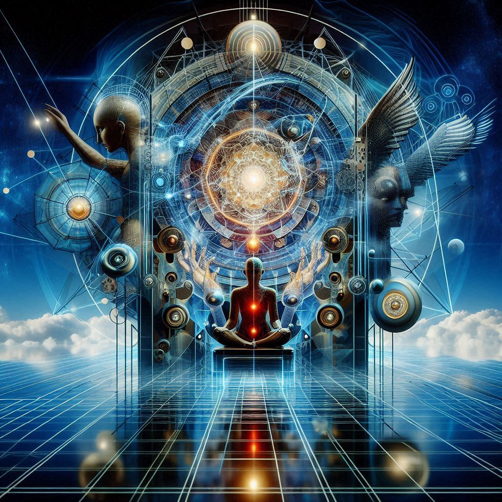 Ilustração: portal cósmico, figura meditando