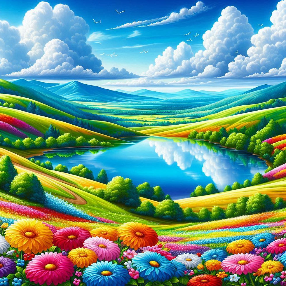 Paisagem colorida com lago e flores vibrantes