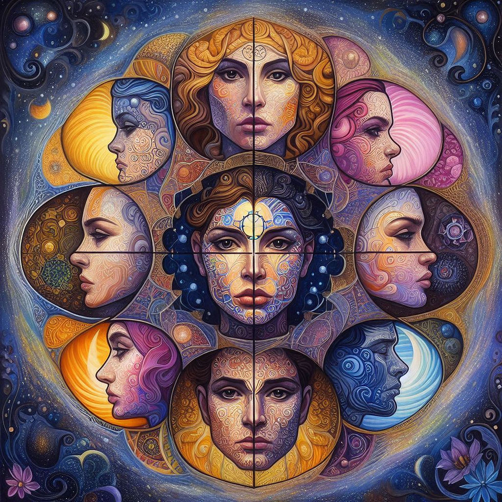 Mandala de rostos femininos e masculinos em tons de azul e dourado