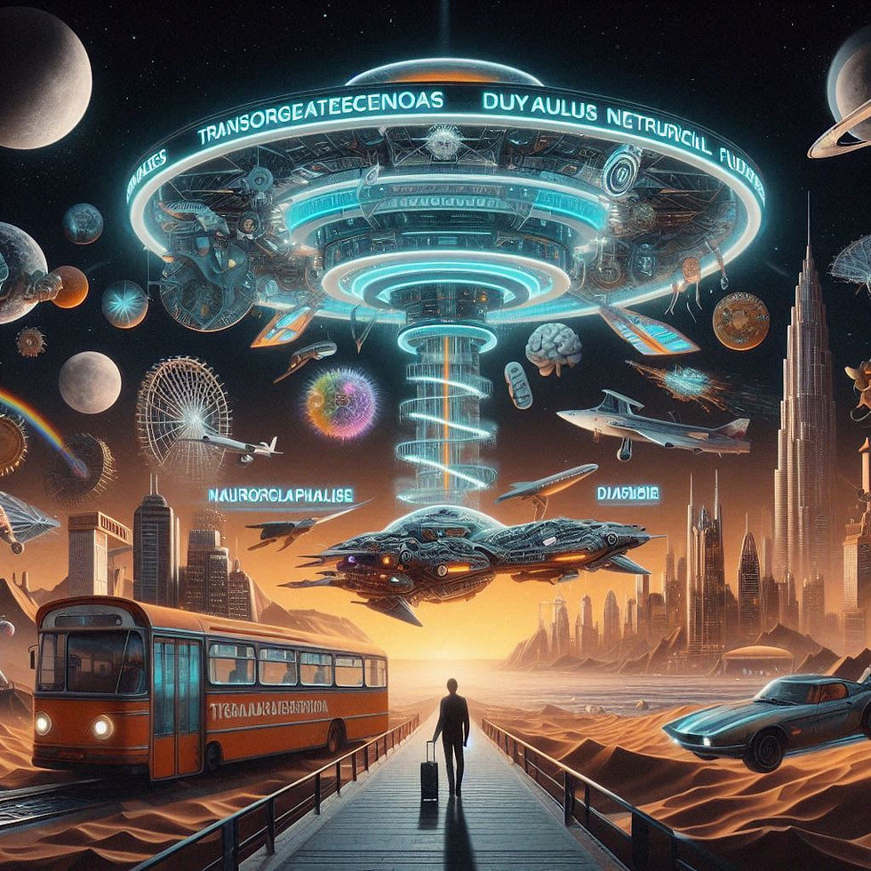 Homem com mala em paisagem futurista com nave espacial e ônibus