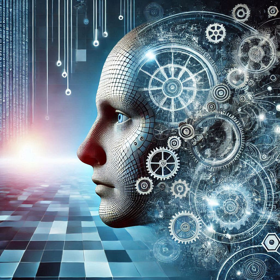 Cabeça robótica com engrenagens: inteligência artificial