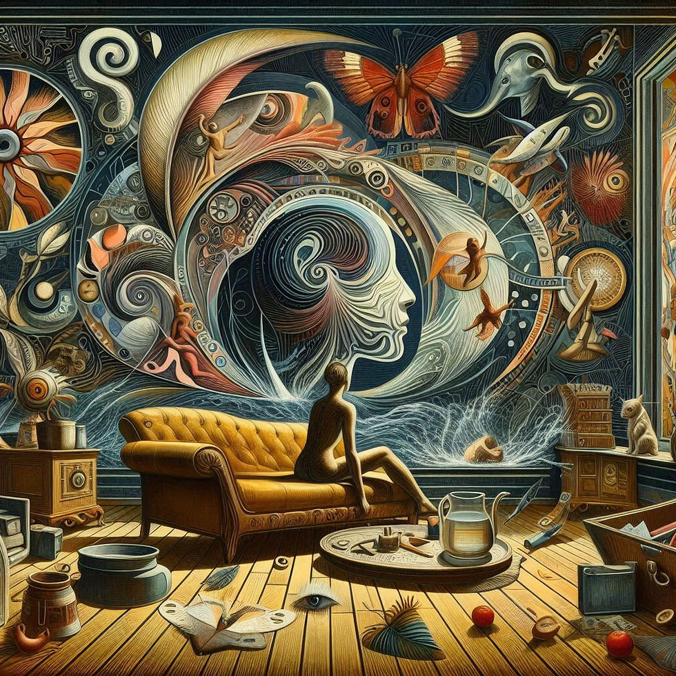 Figura feminina em sofá, arte surrealista com elementos diversos, Neuropsionline