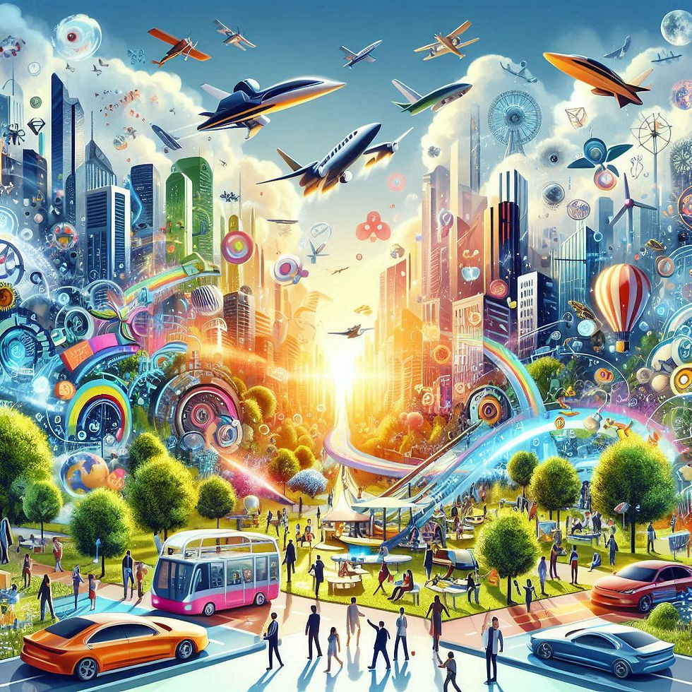 Cidade futurista vibrante com veículos voadores e pessoas