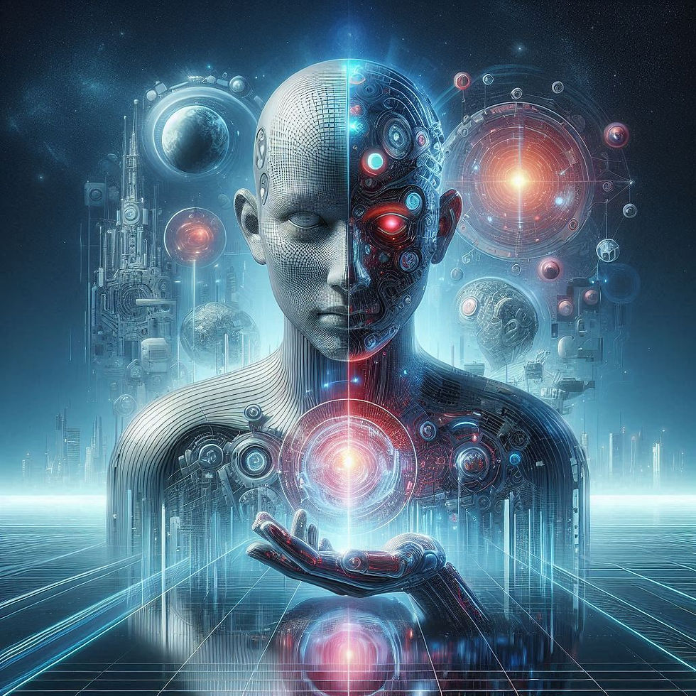 Imagem abstrata: metade humanoide, metade robô, tecnologia futurista