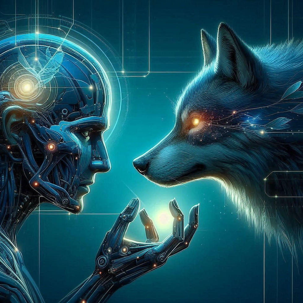 Robô e lobo conectados, luzes brilhantes