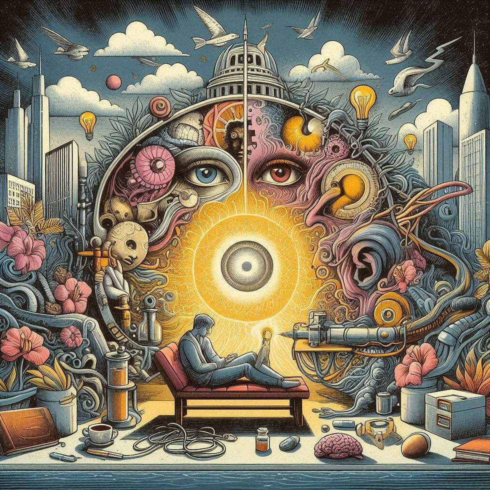 Ilustração surreal: homem usando laptop, rodeado por imagens psicodélicas e elementos urbanos