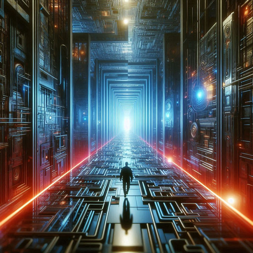 Figura caminhando em corredor futurista de tecnologia