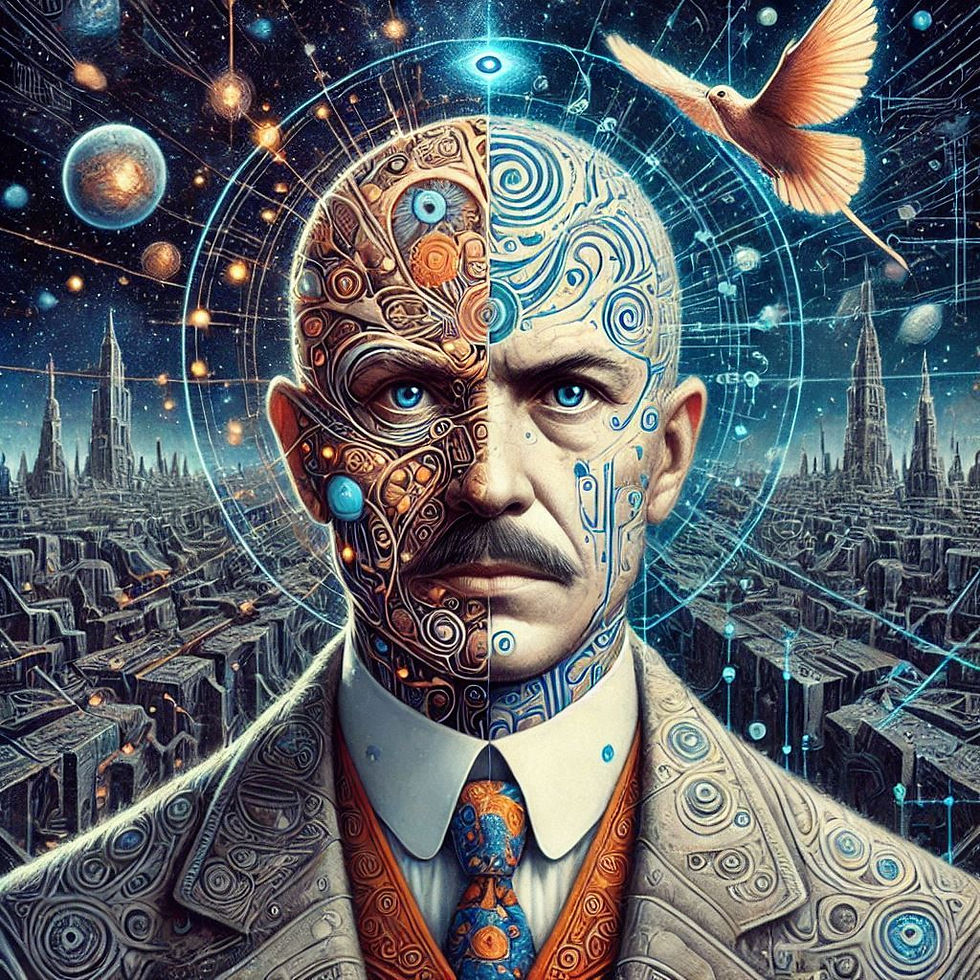 Imagem abstrata: rosto metade mecânico, metade humano, cidade futurista ao fundo