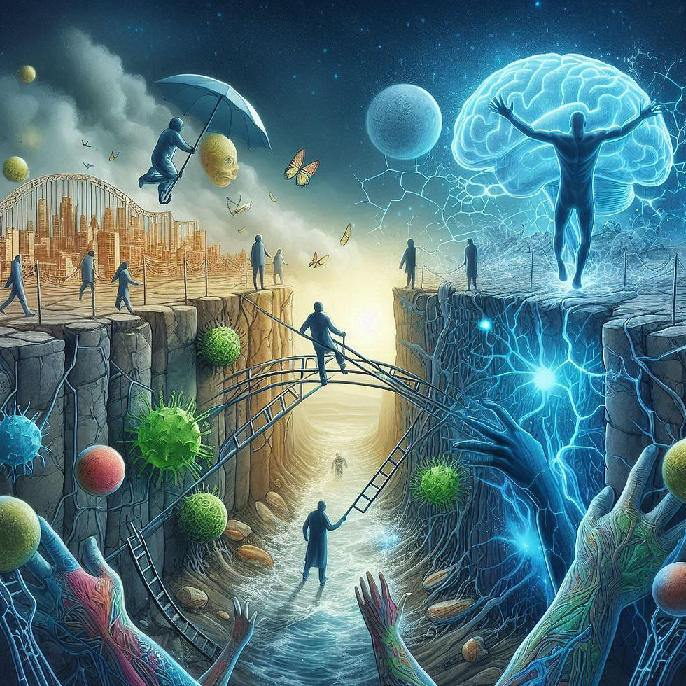 Ilustração surreal: ponte entre mundos, cérebro, pessoas