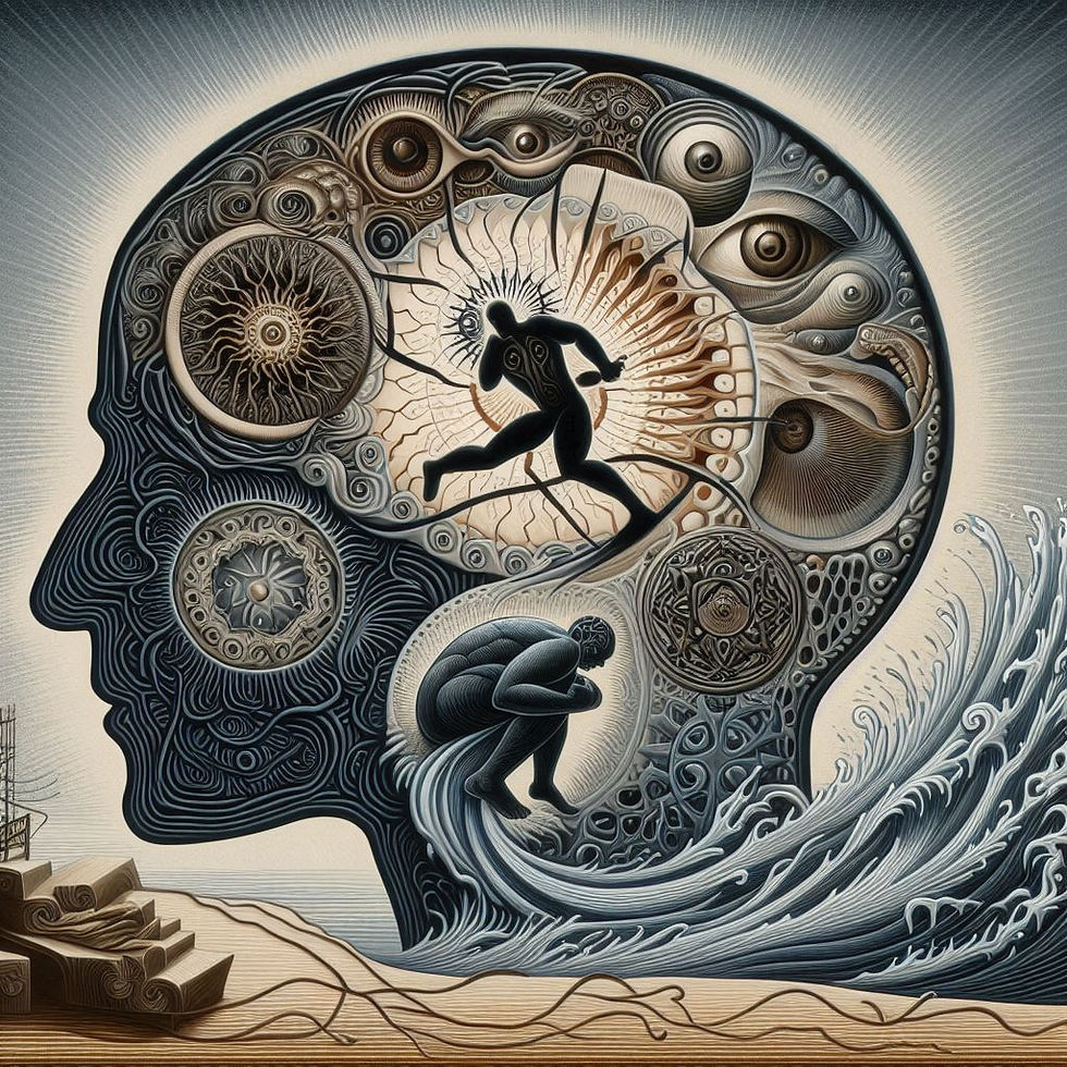Ilustração: mente humana, corrida e afogamento.