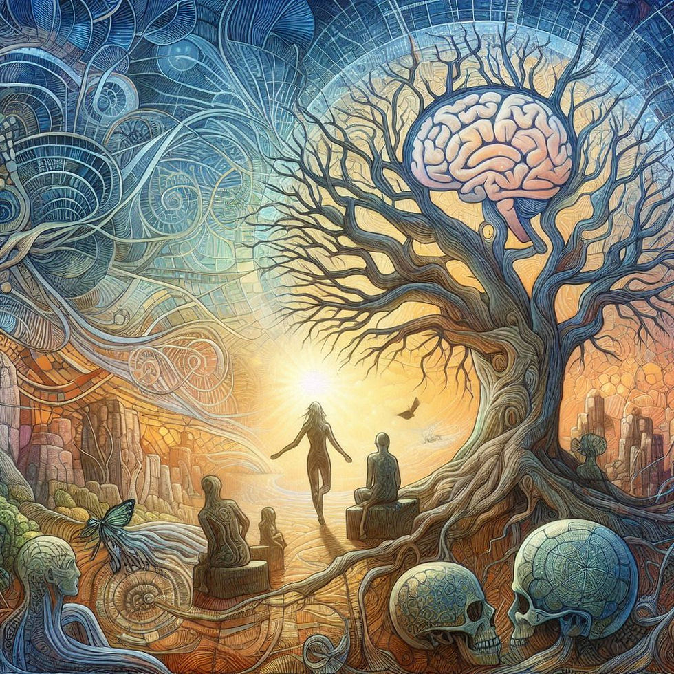 Arte abstrata: árvore, cérebro, figuras humanas e crânios