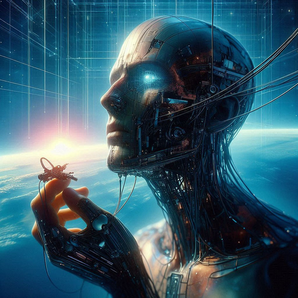Robô contemplativo segurando estrela, fundo azul