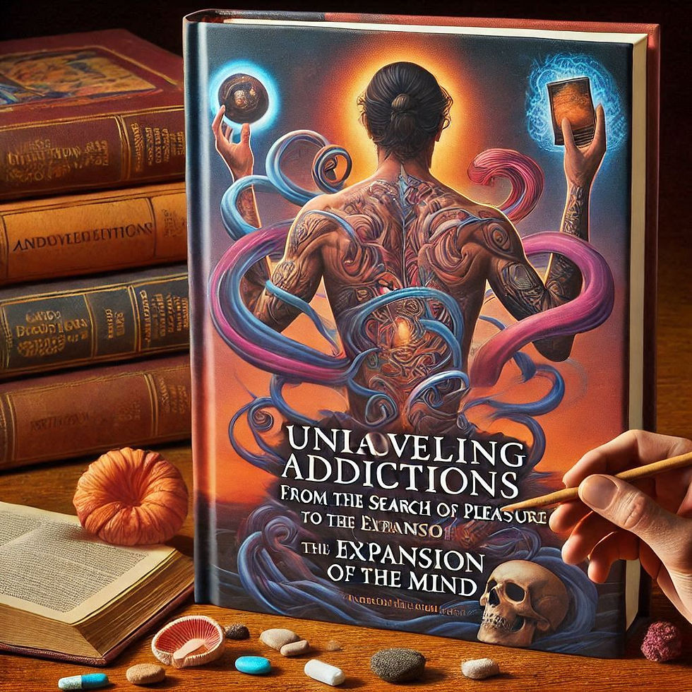 Capa livro "Unraveling Addictions", ilustração de costas tatuadas.