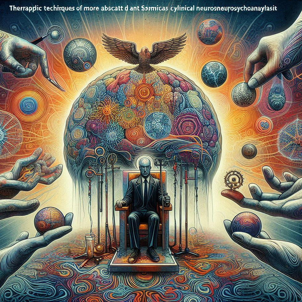 Imagem abstrata: homem em trono, esferas celestiais, mãos gigantes, águia; Neuropsionline